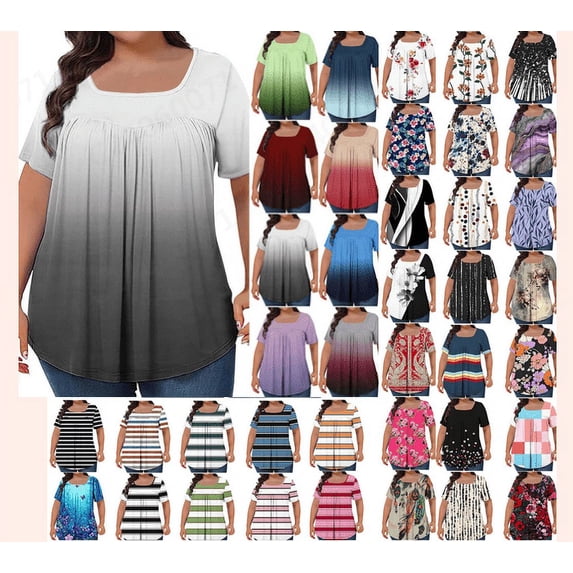 Frostluinai Womens Plus Size Tops Tunic Short Sleeve Square Neck Shirts Casual Striped Tshirts Summer Pleated Tees Color Block Soft Blouse 1X-5X