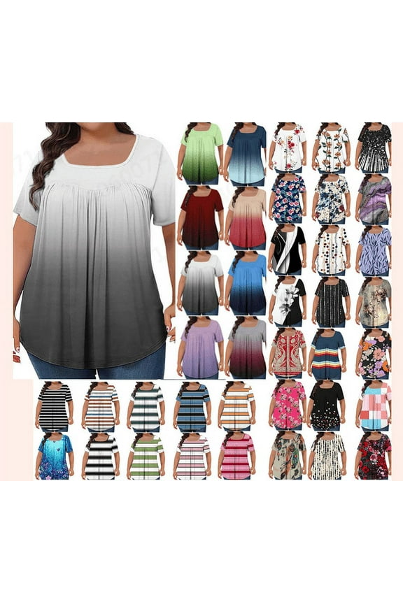 Womens Plus Size Tops Tunic Square Neck Pleated Tunic Shirts Short Sleeve Summer T Shirts Vintage Floral Print Blouses Gifts for Women