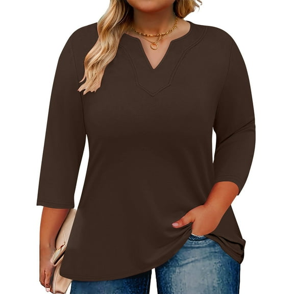 Frostluinai Womens Plus Size Tops V Neck 3/4 Length Sleeve Tunic Shirts Basic Solid Color Blouses Casual Loose Business Work Tee Shirts