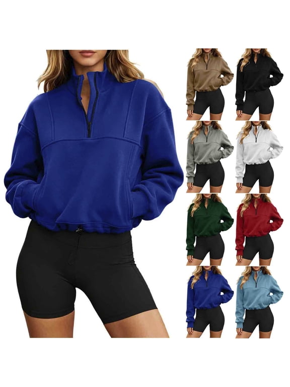 Womens Quarter Zip Oversized Sweatshirts Teen Fleece Pullover Basic Solid Tops Mock Neck Sweater Fall Workout Jacket with Pocket