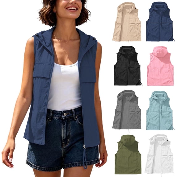 Frostluinai Womens Quick Dry Hooded Vest Sleeveless Zip up Vests Lightweight Summer with Pockets for Hiking Travel Daily Wear S-3XL