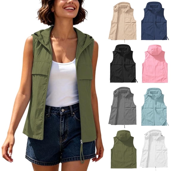 Frostluinai Womens Quick Dry Hooded Vest Sleeveless Zip up Vests Lightweight Summer with Pockets for Hiking Travel Daily Wear S-3XL