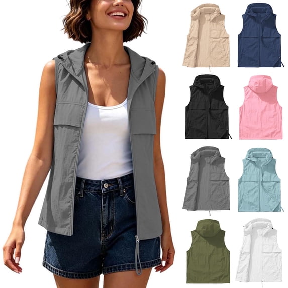Frostluinai Womens Quick Dry Hooded Vest Sleeveless Zip up Vests Lightweight Summer with Pockets for Hiking Travel Daily Wear S-3XL