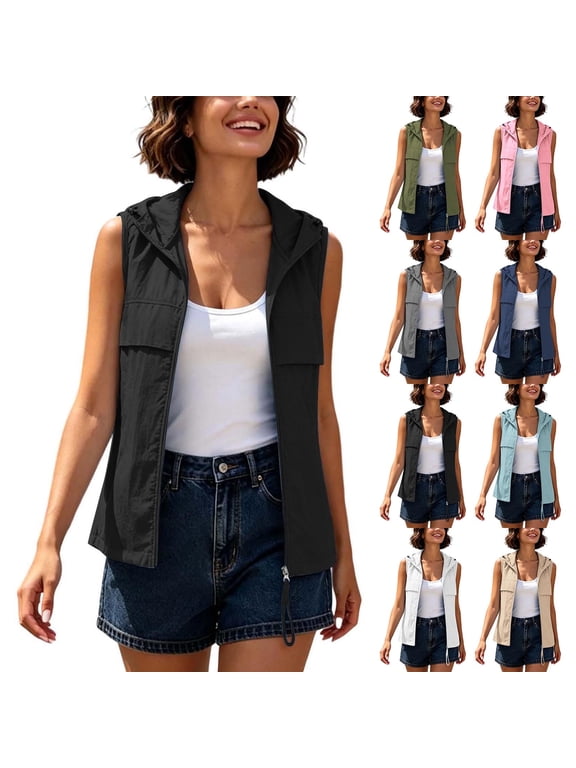 Womens Quick Dry Hooded Vest Sleeveless Zip up Vests Lightweight Summer with Pockets for Hiking Travel Daily Wear S-3XL