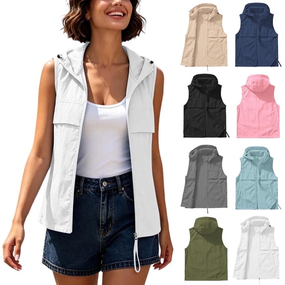 Frostluinai Womens Quick Dry Hooded Vest Sleeveless Zip up Vests Lightweight Summer with Pockets for Hiking Travel Daily Wear S-3XL