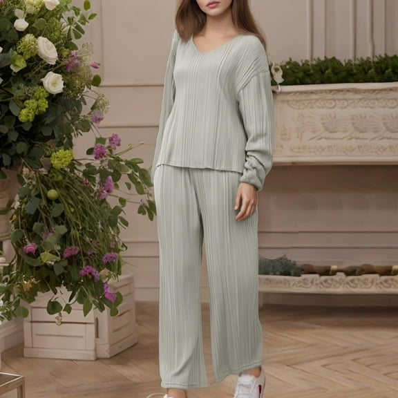 Frostluinai Womens Ribbed Knit Sets 2 Piece V Neck Long Sleeve Tops Elastic Wasit Wide Leg Pants Solid Color Lounge Sets Lightweight Loungewear Sets