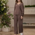 thumbnail image 1 of Frostluinai Womens Ribbed Knit Sets 2 Piece V Neck Long Sleeve Tops Elastic Wasit Wide Leg Pants Solid Color Lounge Sets Lightweight Loungewear Sets, 1 of 4