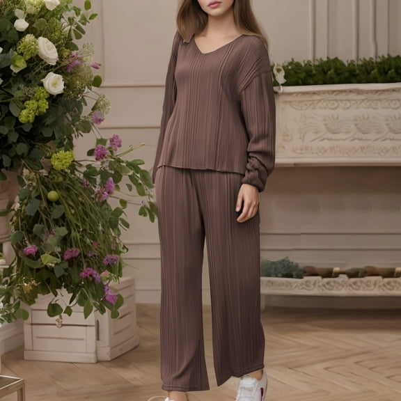 Frostluinai Womens Ribbed Knit Sets 2 Piece V Neck Long Sleeve Tops Elastic Wasit Wide Leg Pants Solid Color Lounge Sets Lightweight Loungewear Sets