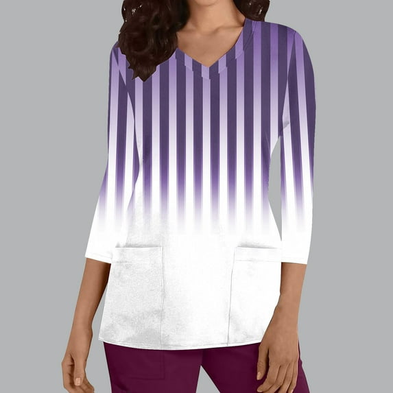 Frostluinai Womens Scrub Tops 3/4 Sleeve V Neck Comzy Scrubs Shirts Fashion Striped Gradient Working Uniforms Tunic Tops with Pocket