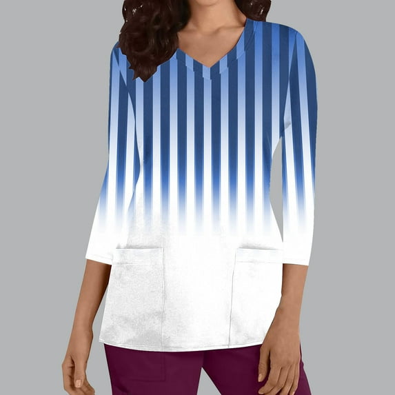 Frostluinai Womens Scrub Tops 3/4 Sleeve V Neck Comzy Scrubs Shirts Fashion Striped Gradient Working Uniforms Tunic Tops with Pocket