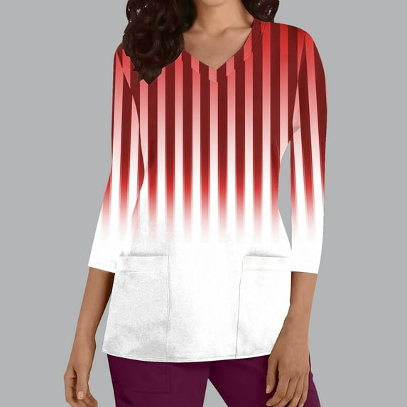 Frostluinai Womens Scrub Tops 3/4 Sleeve V Neck Comzy Scrubs Shirts Fashion Striped Gradient Working Uniforms Tunic Tops with Pocket