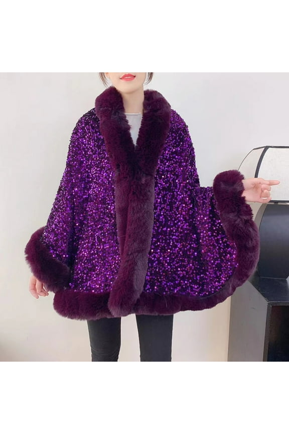 Womens Sequined Knit Poncho Cape Open Front Faux Fur Trim Cardigan Sweater Warm Sherpa Lined Sparkly Shawl Oversized Fuzzy Cape Coats