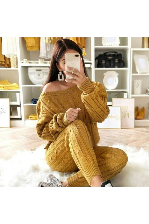 Womens Sets 2 Piece Outfits Dew Shoulder Cable Knit Sweaters Slim Knit Pants Solid Comzy Tracksuits Cyber And Monday