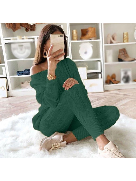 Womens Sets 2 Piece Outfits Dew Shoulder Cable Knit Sweaters Slim Knit Pants Solid Comzy Tracksuits