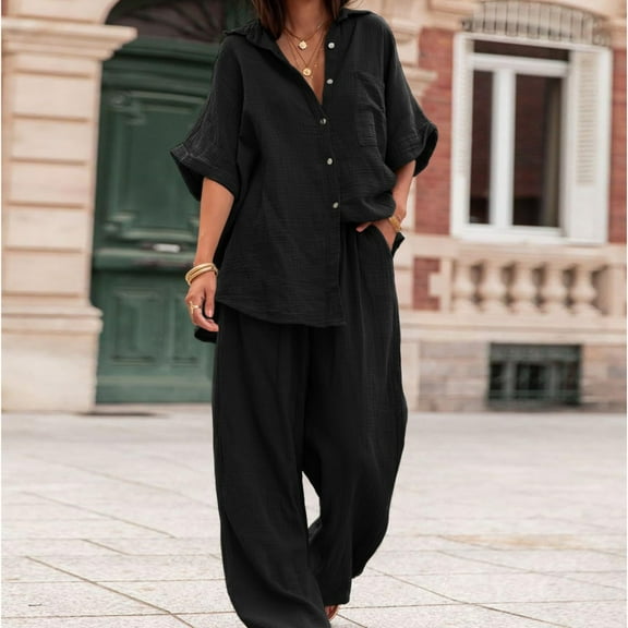 Frostluinai Womens Sets 2 Piece Outfits Oversized Solid Cotton Linen Lounge Sets Button Down Shirts Baggy Palazzo Pants with Pocket Gifts