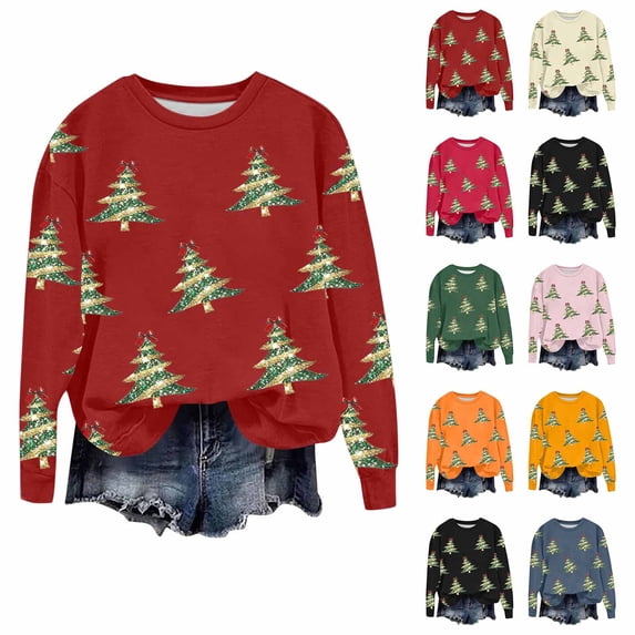 Frostluinai Womens Shirts Xmas Tree Graphic Pullover Tops Long Sleeve Crew Neck Christmas Sweat Shirts Ugly Fall Tshirts for Women