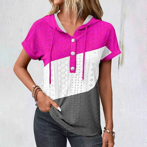 Frostluinai Womens Short Sleeve Hoodies Drawstring Button V Neck Tshirts Color Block Eyelet Embroidery Shirts Casual Summer Tops with Hood