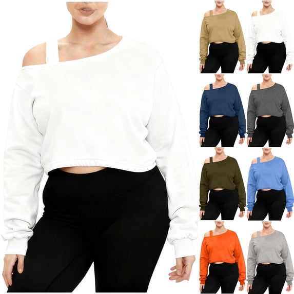 Frostluinai Womens Off the Shoulder Sweatshirt Crop Tops Oversized Workout Shirt One Shoulder Long Sleeve Pullover Casual Daily Lounging Athletic Wear S-XXL