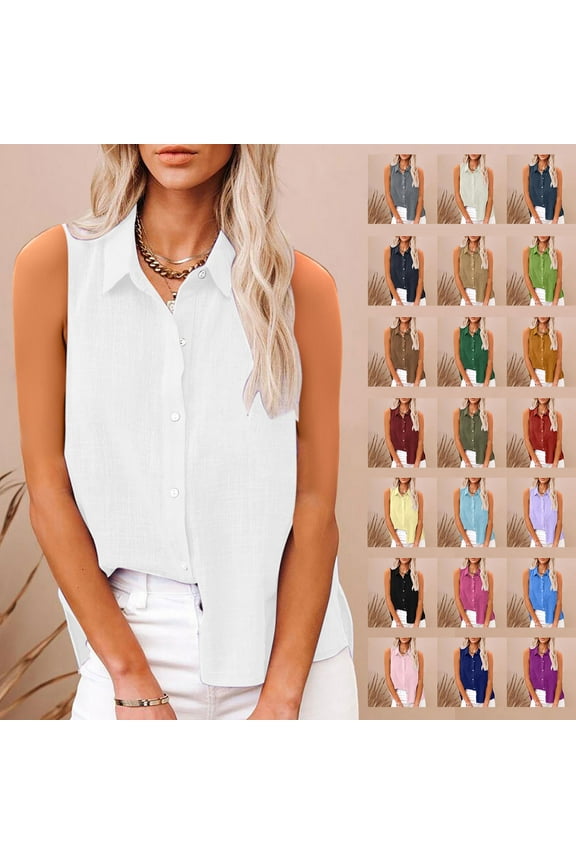 Womens Sleeveless Button Down Shirt Classic Collared Blouse Basic Solid Split Tank Tops Work Office Cotton Linen Tee Tanks