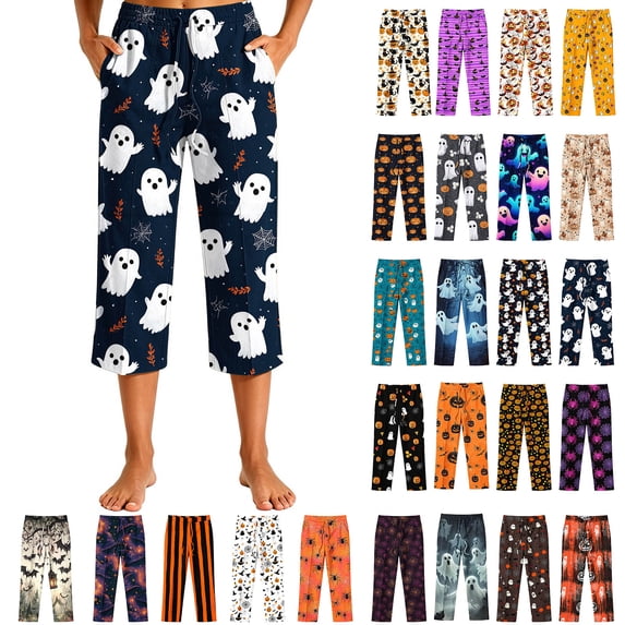 Frostluinai Womens Soft Capri Pajama Pants Halloween Graphic Elastic Waistband Sleepwear Bottoms with Pocket S-XXXL