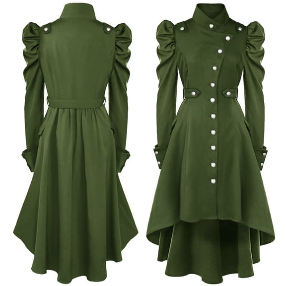 Frostluinai Womens Steampunk Long Trench Jacket Gothic Puff Long Sleeve Stand Collar Trench Coats Vintage Button Down High Low Hem Jacket Dress