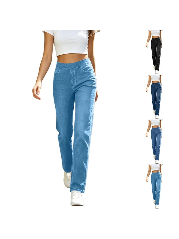 Womens Straight Leg Jean Pull-on Pants High Elastic Waist Denim Trousers Distressed Washed Jeans with Pocket