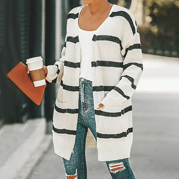Frostluinai Womens Striped Knit Cardigan Open Front Color Block Sweater Cardigan Long Sleeve Loose Fit Sweaters Fall Jacket with Pocket