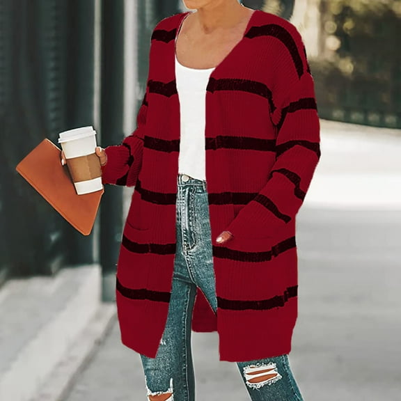Frostluinai Womens Striped Knit Cardigan Open Front Color Block Sweater Cardigan Long Sleeve Loose Fit Sweaters Fall Jacket with Pocket