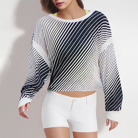 Frostluinai Womens Striped Open Back Tops Oversized Long Sleeve Shirts Round Neck Criss Cross Backless Workout T Shirts Lounge Blouses