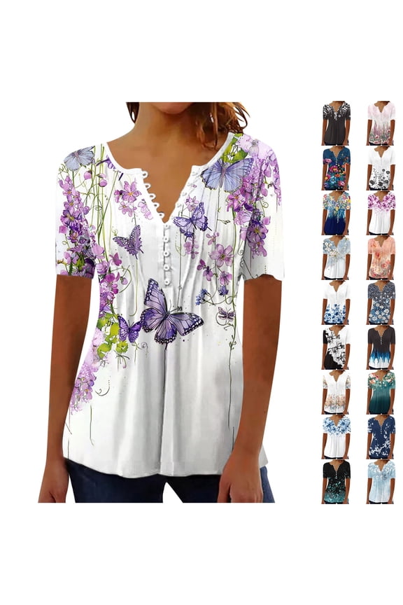 Womens Summer Tops 2025 Plus Size Hide Belly Shirts Pleated Button V Neck T-Shirt Causal Empire Waist A-Line Floral Tunic Tops