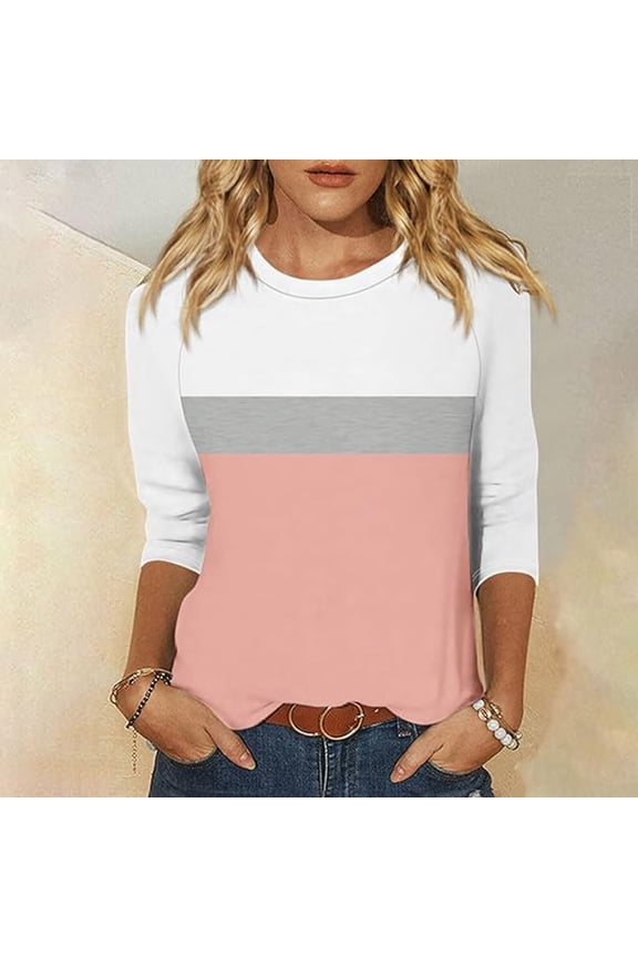 Womens Summer Tops 3/4 Length Sleeves Round Neck Loose Fit Shirts Trendy Color Block T Shirts Cute Raglan Tees Going Out Blouses