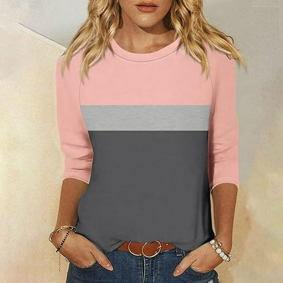 Frostluinai Womens Summer Tops 3/4 Length Sleeves Round Neck Loose Fit Shirts Trendy Color Block T Shirts Cute Raglan Tees Going Out Blouses