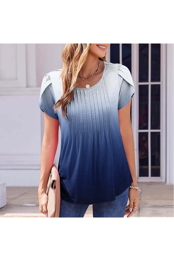 Womens Summer Tops Petal Sleeve Tunic Shirts Crew Neck Pleated T Shirts Casual Dressy Work Blouses Funny Gradient Tees Gifts for Women