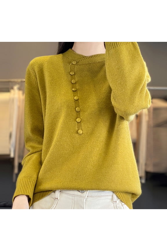 Womens Sweaters Long Sleeve Casual Knit Pullover Crew Neck Button Sweaters Soft Comzy Sweaters Solid Color Sweaters for Women
