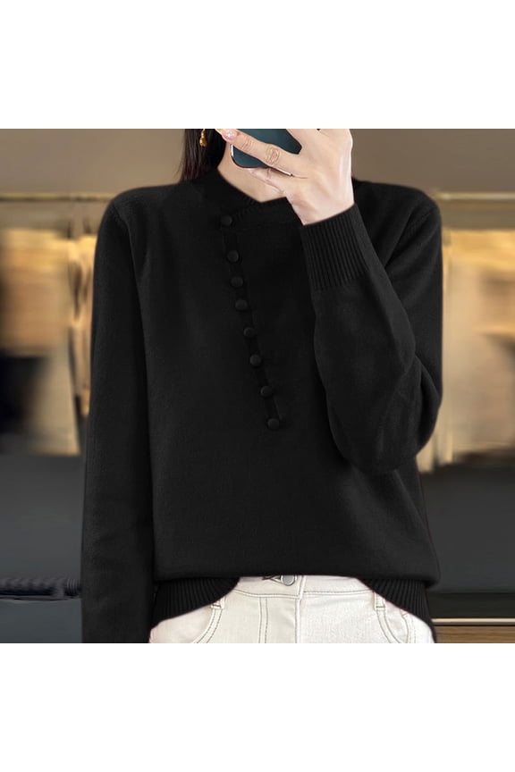 Womens Sweaters Long Sleeve Casual Knit Pullover Crew Neck Button Sweaters Soft Comzy Sweaters Solid Color Sweaters for Women
