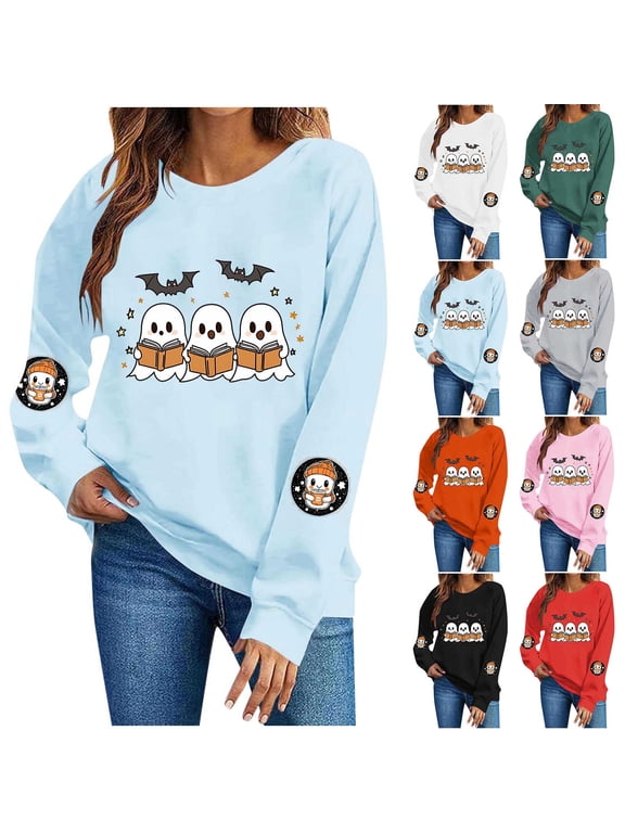 Womens Sweatshirt Halloween Spooky Season Fall Pullover Crew Neck Long Sleeve Soft Casual Sweat Shirt Holiday Clothes