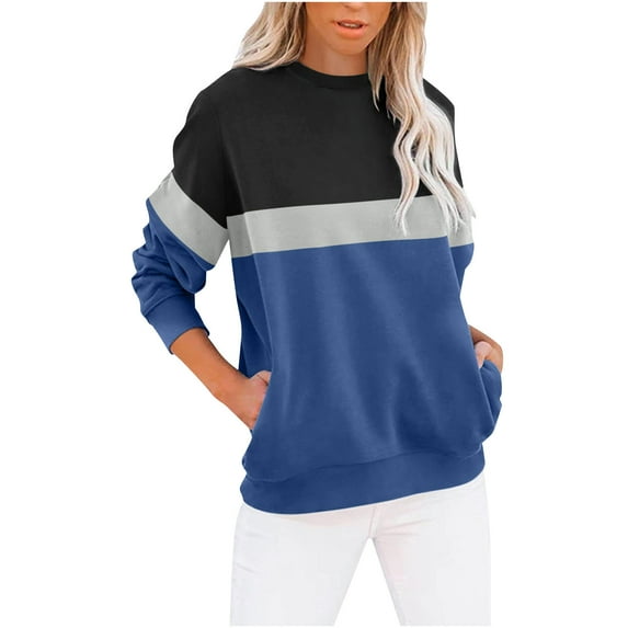 Frostluinai Womens Sweatshirt Round Neck Long Sleeve Lounge Sweatshirts Trendy Color Block Pullover Soft 2024 Fall Sweat Shirt with Pocket