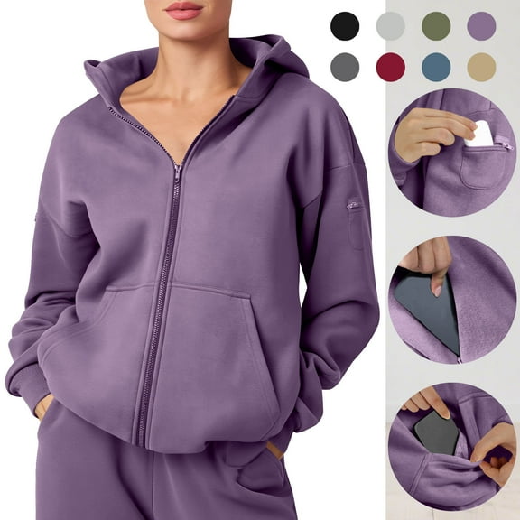 Frostluinai Womens Sweatshirt Zip Up Hoodie Hidden Pocket Casual Hooded Jacket Oversized Solid Long Sleeve Drop Shoulder Hoodies