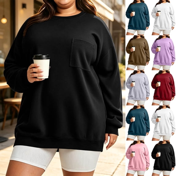 Frostluinai Womens Sweatshirts with Pocket Plus Size Crew Neck Lounge Sweat Shirts Long Sleeve Comfy Pullover Basic Solid Color Sweatshirts Gifts L-5XL
