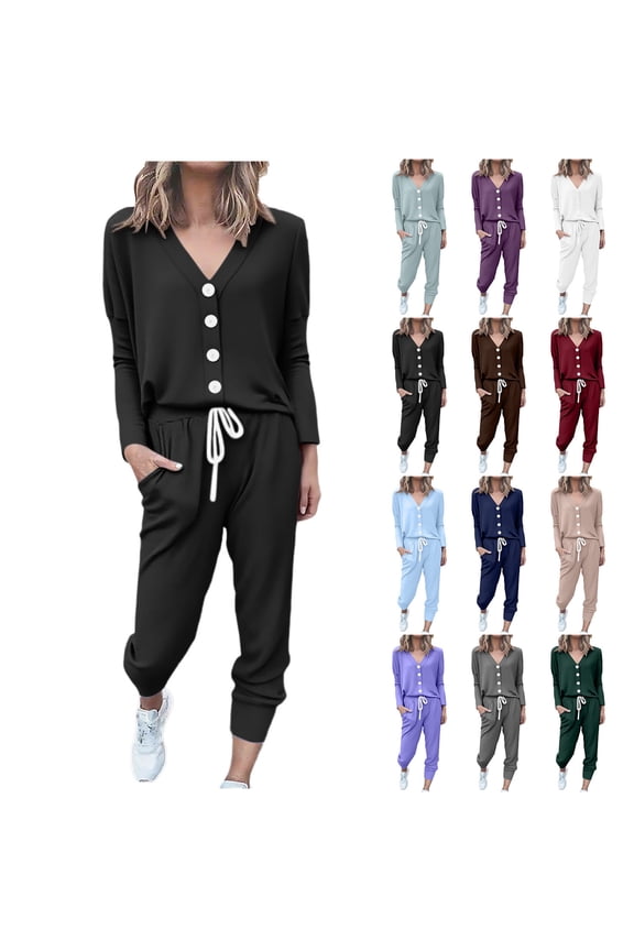 Womens Sweatsuits 2 Piece Set Tracksuit Casual V Neck Button Long Sleeve Pullover Tops and Sweatpants Outfits Lounge Sets