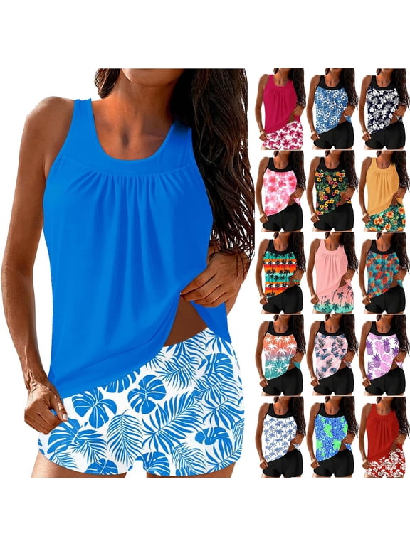 Womens Swimsuits Tankini Two Piece Modest Hawaiian Print Swimwear Sets Bathing Suits Swim Tank Tops Boy Shorts Sporty Swimsuits