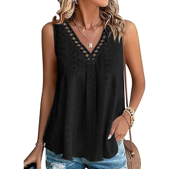 Frostluinai Womens Tank Tops V Neck Hollow Out Tanks Sleeveless Eyelet Embroidery Tunic Tanks Solid Pleated Camis Flowy Tanks for Women