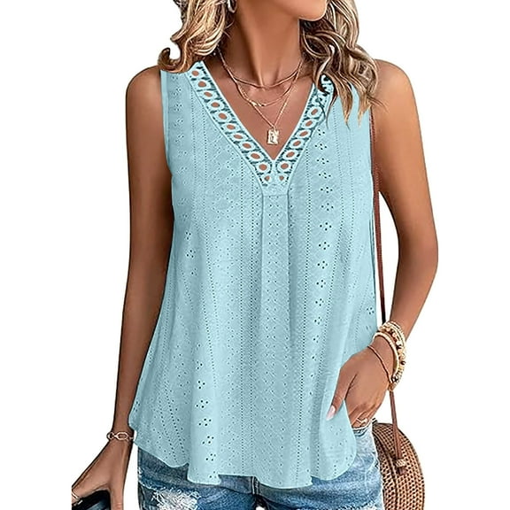 Frostluinai Womens Tank Tops V Neck Hollow Out Tanks Sleeveless Eyelet Embroidery Tunic Tanks Solid Pleated Camis Flowy Tanks for Women