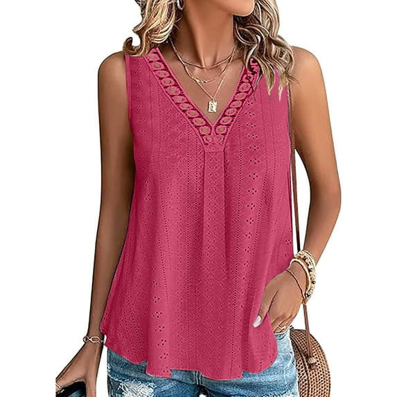 Frostluinai Womens Tank Tops V Neck Hollow Out Tanks Sleeveless Eyelet Embroidery Tunic Tanks Solid Pleated Camis Flowy Tanks for Women