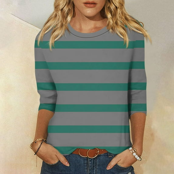 Frostluinai Womens Tops 3/4 Sleeve Striped Shirts Crew Neck Color Block T Shirts Trendy Y2K Blouses Loose Fit Spring Tees Gifts