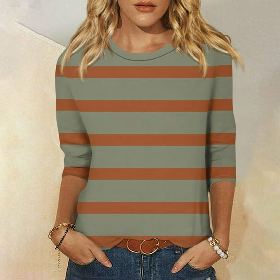 Frostluinai Womens Tops 3/4 Sleeve Striped Shirts Crew Neck Color Block T Shirts Trendy Y2K Blouses Loose Fit Spring Tees Gifts
