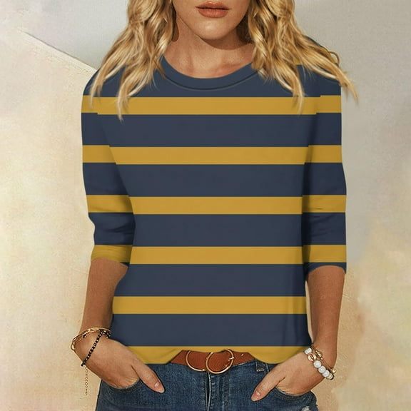 Frostluinai Womens Tops 3/4 Sleeve Striped Shirts Crew Neck Color Block T Shirts Trendy Y2K Blouses Loose Fit Spring Tees Gifts