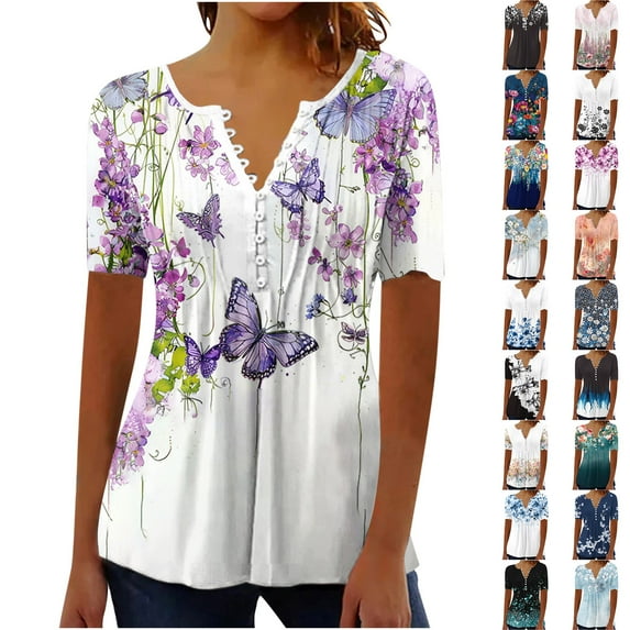 Frostluinai Womens Tops Hide Belly Shirts Button V Neck Floral Shirts Short Sleeve Pleated T-Shirts Lightweight Boho Vacation Shirts