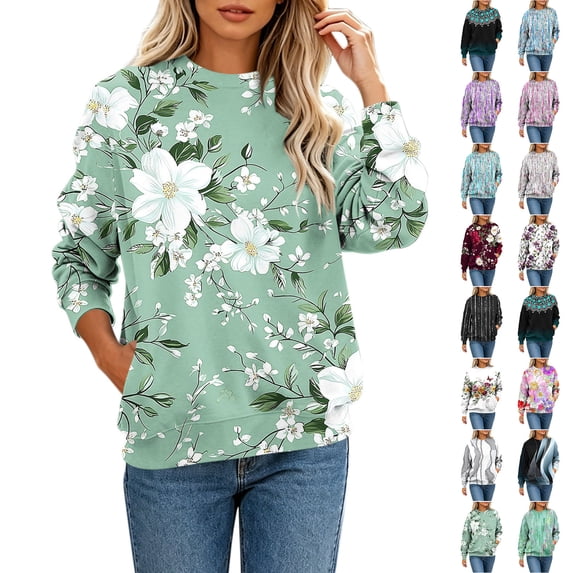 Frostluinai Womens Tops Long Sleeve Floral Print Pullover Boho Casual Crewneck Sweat Shirt Lightweight Fall Comfy Shirts S-3XL
