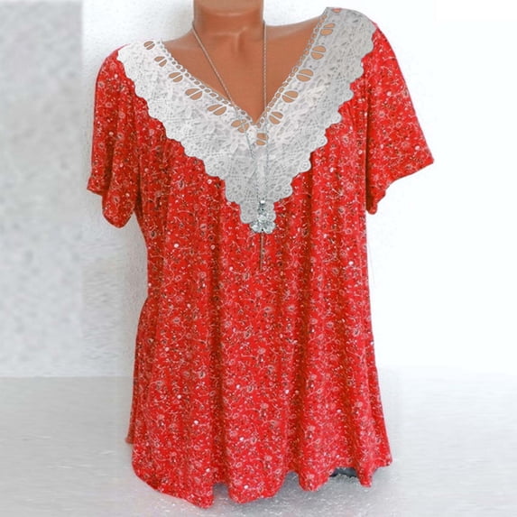Frostluinai Womens Tops Plus Size Summer Shirts Lace Patchwork V Neck Short Sleeve Floral Printed Tunics Flowy Pleated Blouses Top
